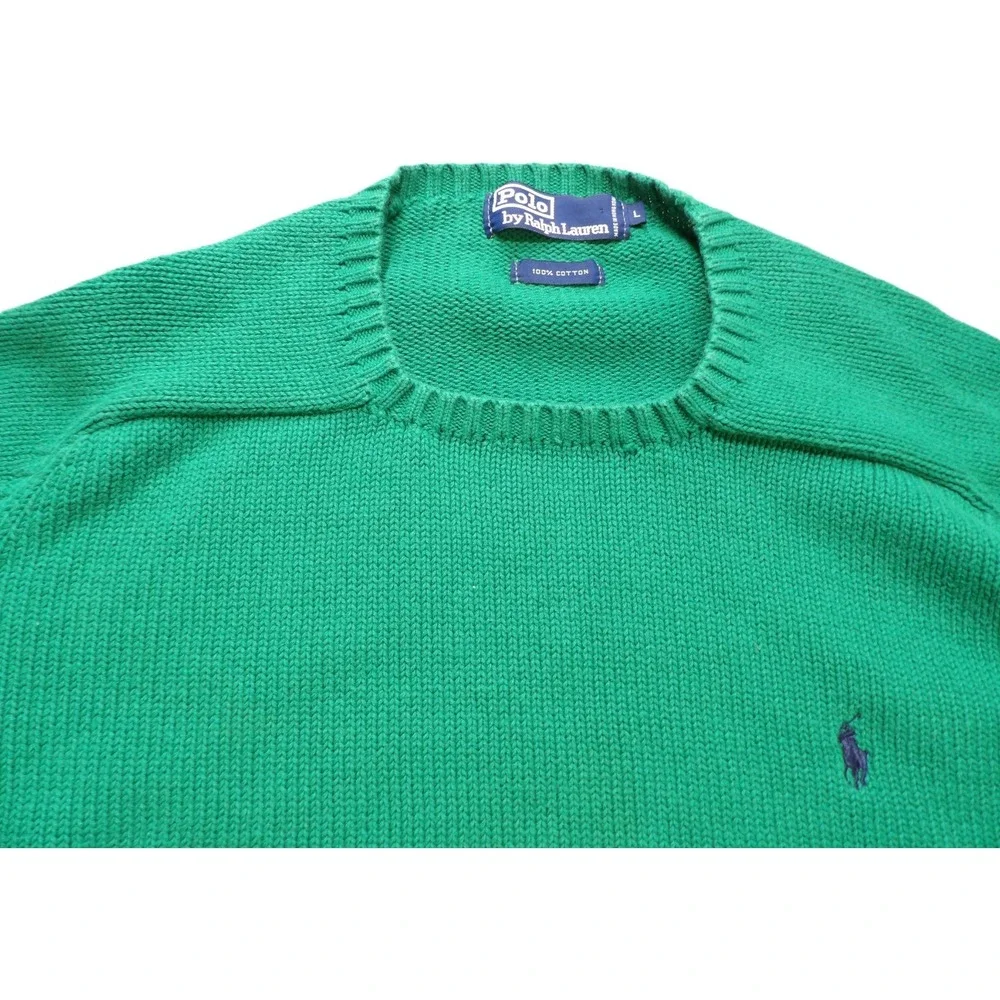 VTG Polo Ralph Lauren Crewneck Sweater Heavy Cotton Knit Men Large Green Pony 90